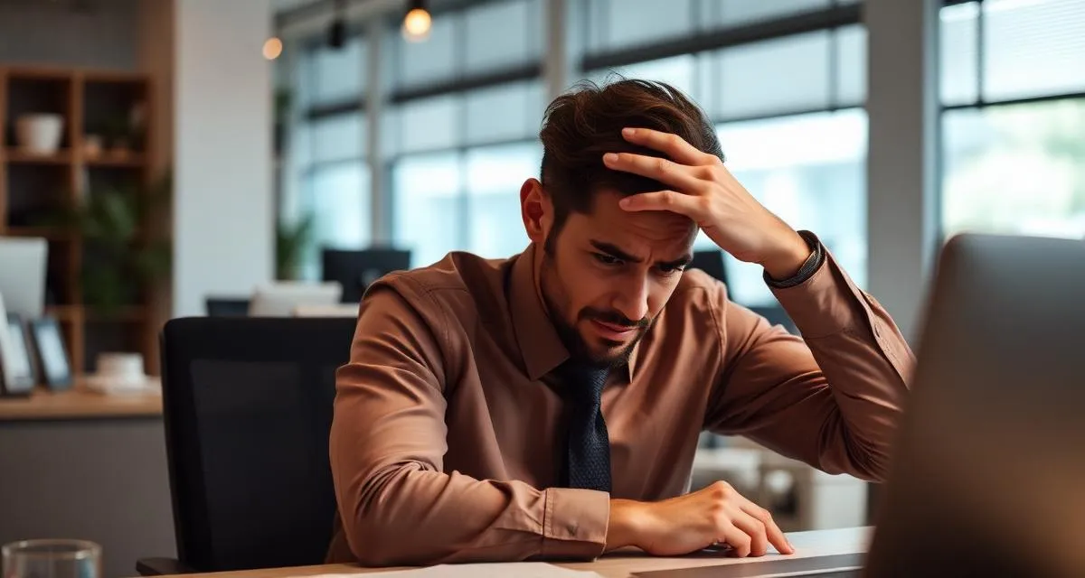 Homem estressado no trabalho — impacto do cortisol alto na saúde