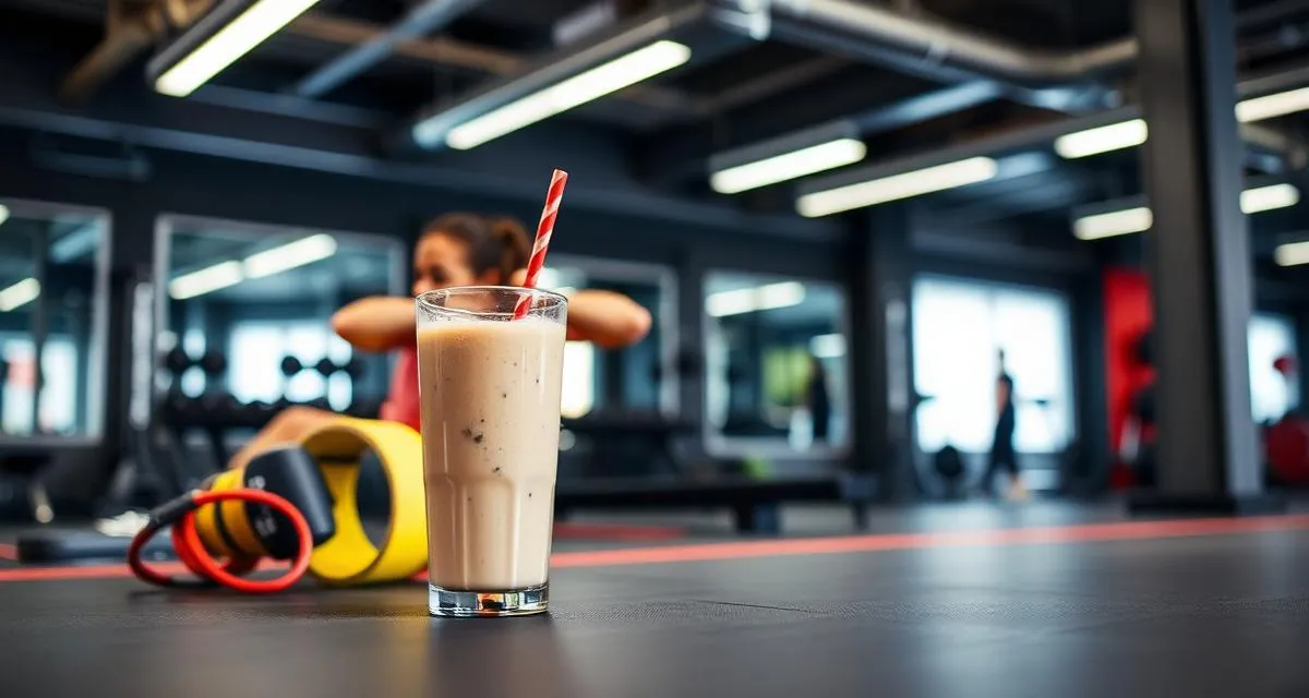 Shake de proteína e equipamentos de treino em academia
